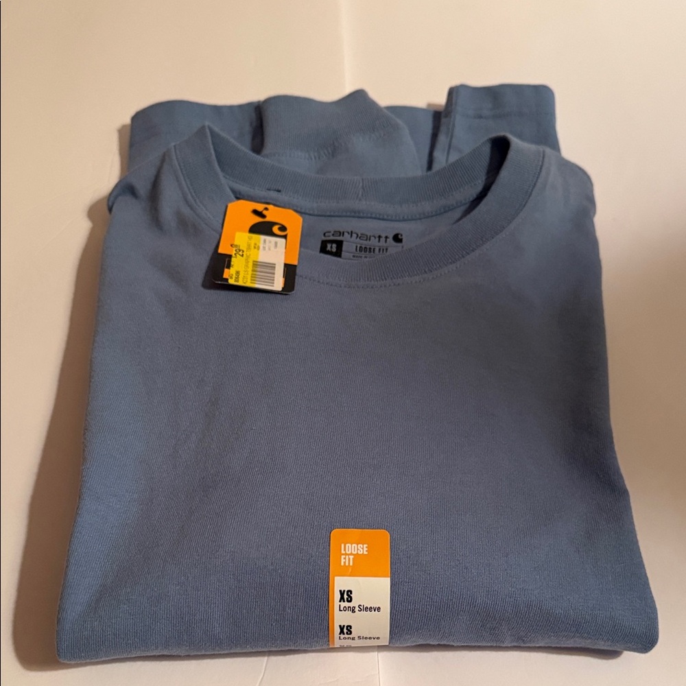 Carhartt Loose Fit Long Sleeve Tee - Light Blue with bright green on one sleeve